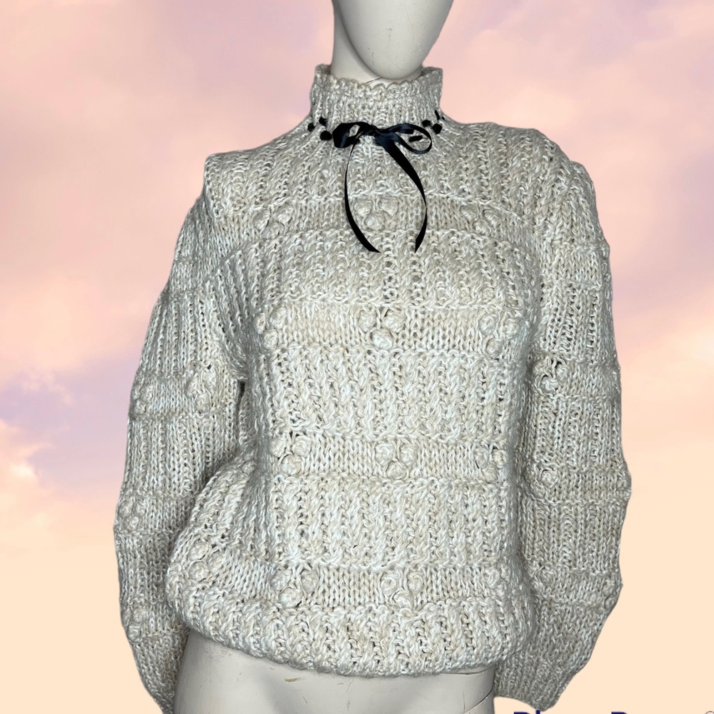 Vintage Mariea Kim High Neck Puff Sleeve Sweater Oatmeal Color Size Small